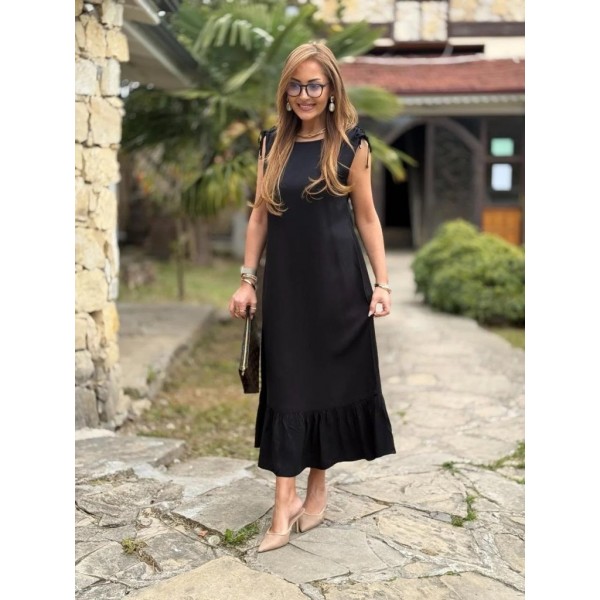 Kadın Omuzlardan Büzgülü Kayık Yaka Fırfırlı Janjan Krep Elbise