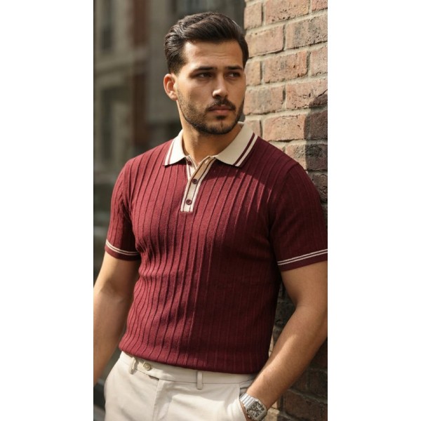 Erkek Düğme Yakalı Kontrast Yaka Triko Tişört