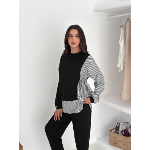 Kadın Gömlek Detay çizgili Yandan Bağlamalı Ikili Takım
