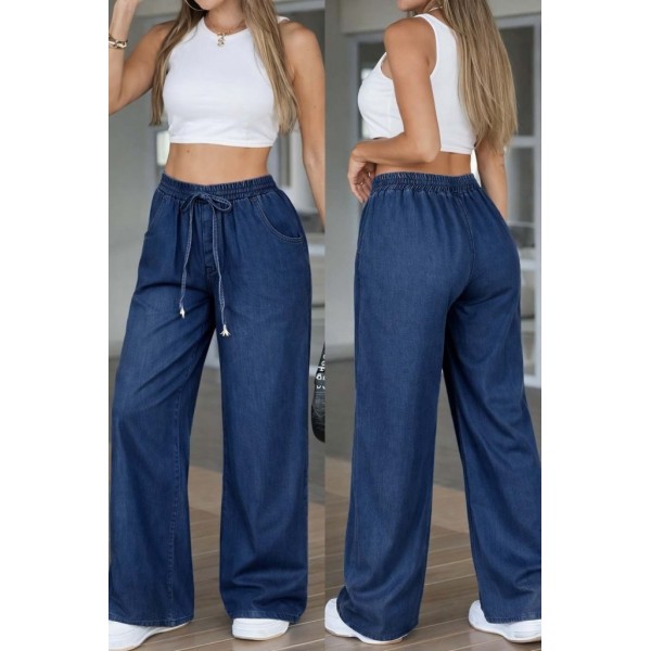 Kadın Yüksek Bel Lastikli Bağcıklı Kot Pantolon