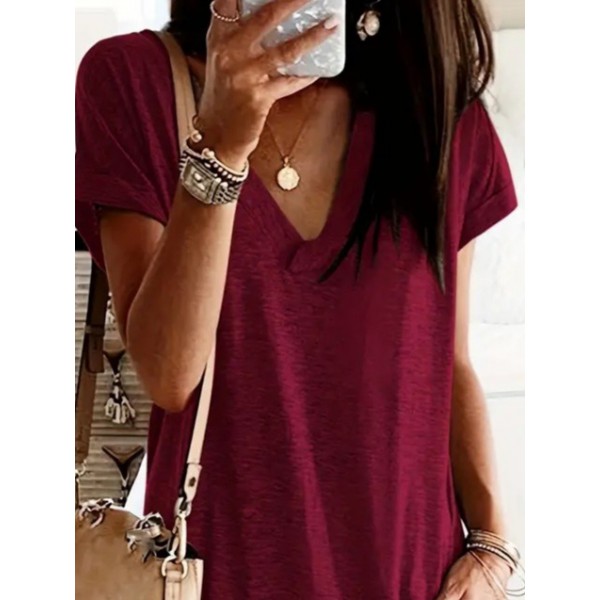 Kadın Kısa Kollu V Yakalı Cepli Kısa Viskon Elbise