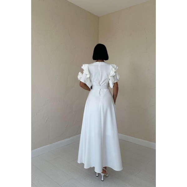 Beyaz Kolları Volanlı Kemerli Elbise