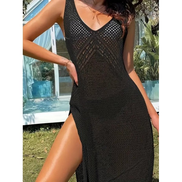 Kadın Kolsuz V Yaka Kalın Askılı Sırt Derin Dekolte Ve Yırtmaç Detay Triko Pareo