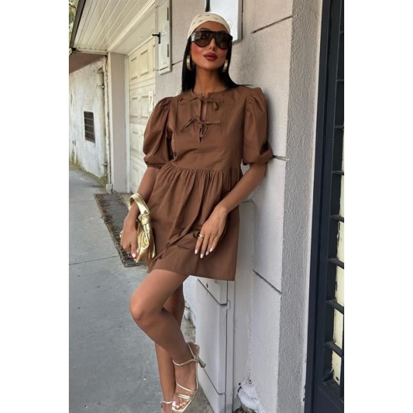 Önü Fiyonk Bağlamalı Ve Balon Kollu Elbise 2893