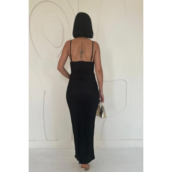 Siyah Piliseli Halter Boyun Elbise