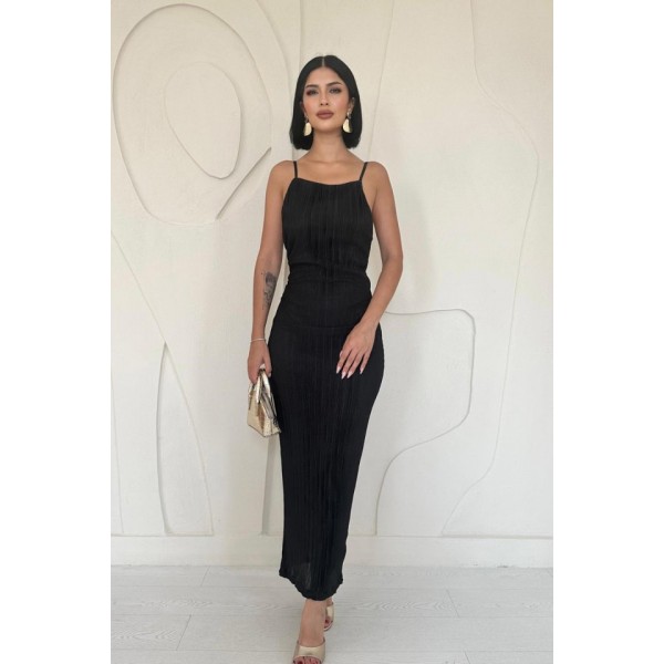 Siyah Piliseli Halter Boyun Elbise