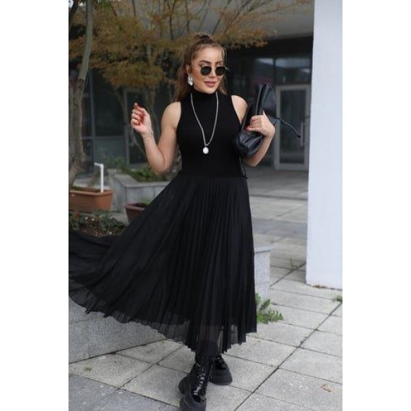 Kadın Triko Plise Ve Tül Detay Iki Parça Elbise