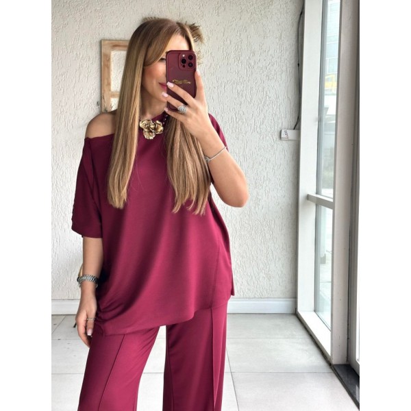 Kadın Tek Omuzdan Açık Geniş Kesim Viskon Iki Iplik Bluz Ve Pantolon Ikili Takım