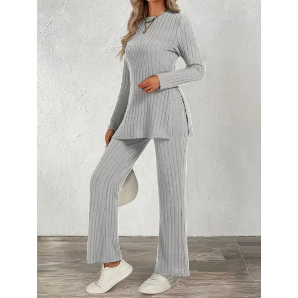 Kadın Uzun Kollu Bisiklet Yaka Yandan Yırtmaçlı şardonlu Kaşkorse Bluz Ve Pantolon Ikili Takım