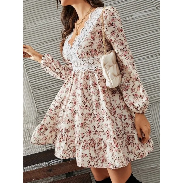 Kadın Uzun Kollu Dantel V Yakalı Mini Desenli Süprem Elbise