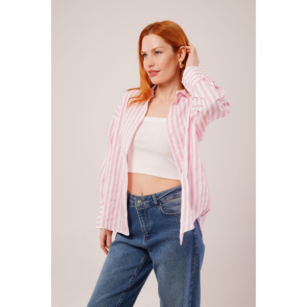 Çizgili Rahat Kesim Pembe Gömlek