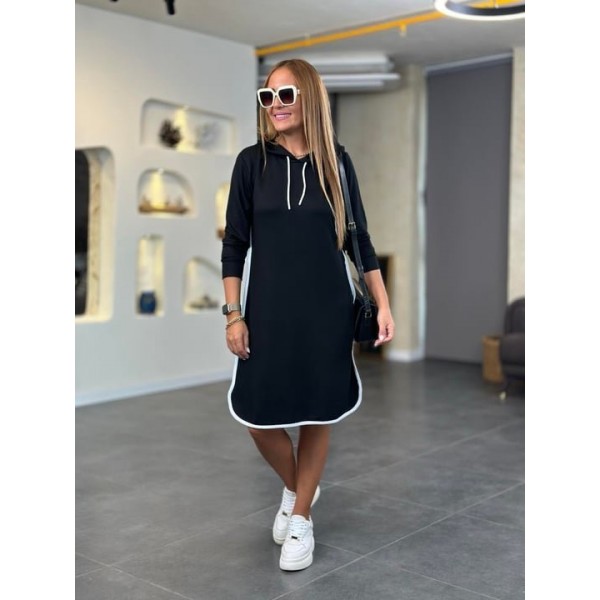 Kadın Uzun Kollu Kapüşon Ve Ribana Detay Diz üstü Elbise