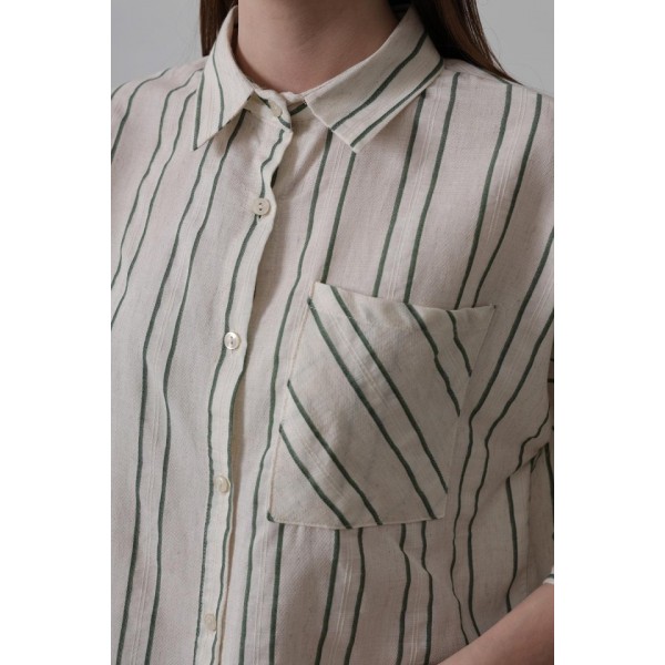 Çizgili Kısa Gömlek - Bej-Yeşil