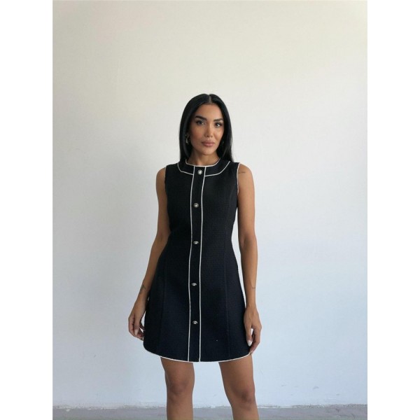 CHANEL KUMAŞ KISA ÖNDEN DÜĞMELİ ELBİSE - Siyah