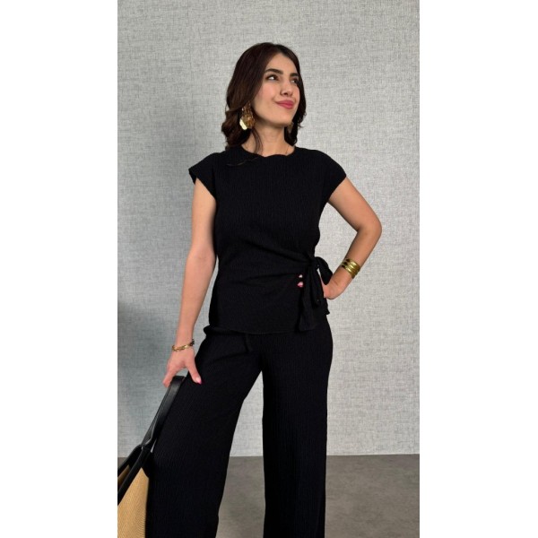 Kadın Kısa Kollu Bisiklet Yaka Yandan Bağlamalı Bürümcük Bluz Ve Pantolon Ikili Takım