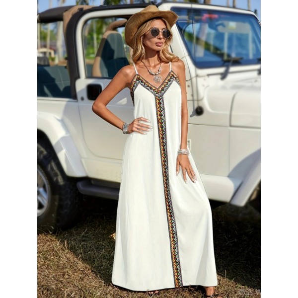 Kadın Askılı V Yakalı Etnik şerit Detaylı Uzun Viskon Elbise