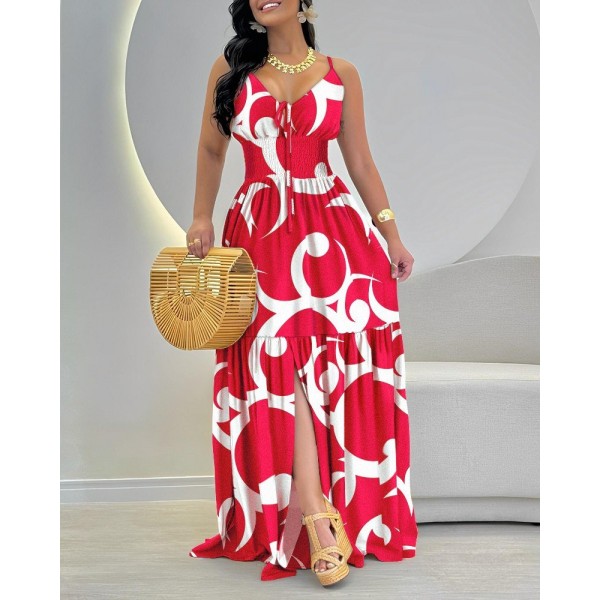 Kadın Ip Askılı Dekolteli Bağcıklı Yırtmaçlı Desenli Süprem Elbise