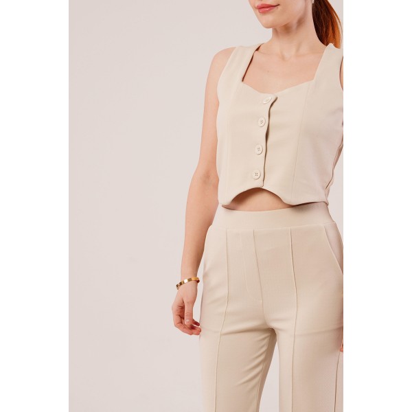 Kalın Askılı Düğmeli Yelek Ve Pantolon Bej Takım