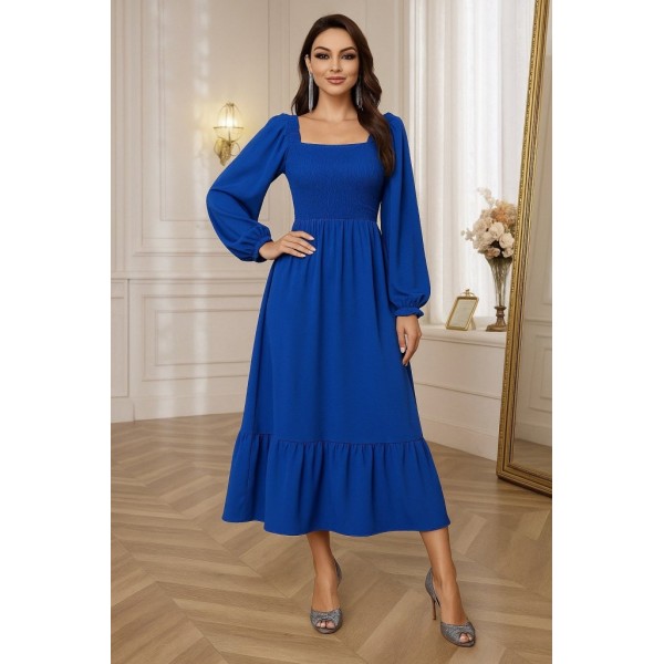 Kadın Uzun Kollu Kare Yakalı Gipeli Uzun Trikoton Elbise