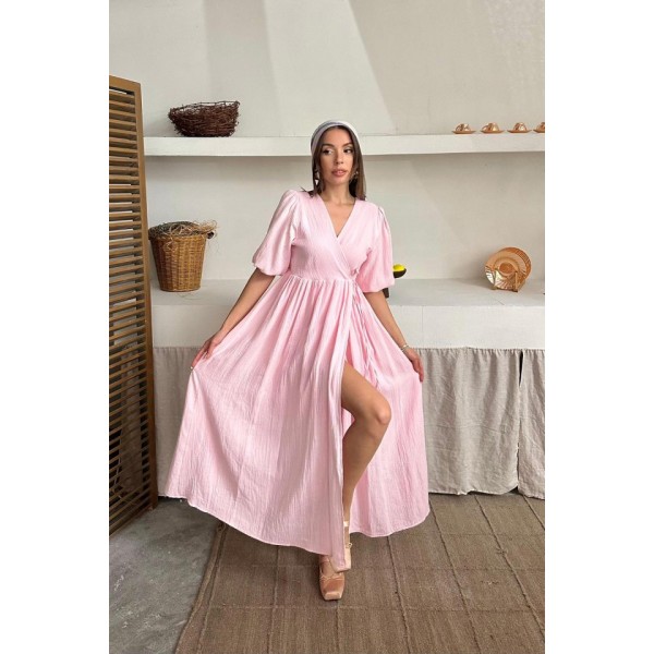 Pembe Müslin Uzun Elbise