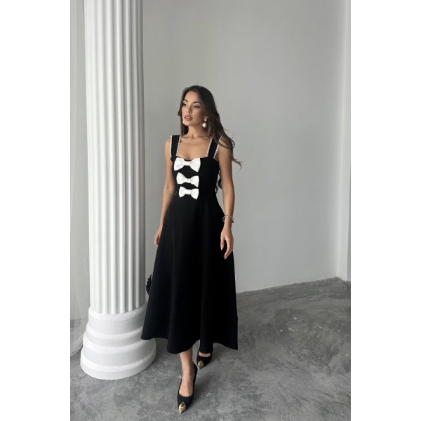 Siyah Fiyonk Garnili Dantelli Elbise