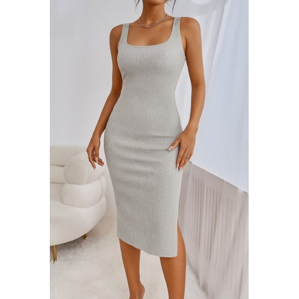 Kadın Askılı Kare Yaka Yandan Yırtmaçlı Midi Kaşkorse Elbise