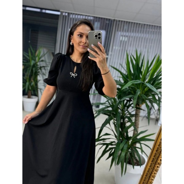 Kadın Kısa Kollu Bisiklet Yaka Fiyonk Broşlu Midi Janjan Krep Elbise