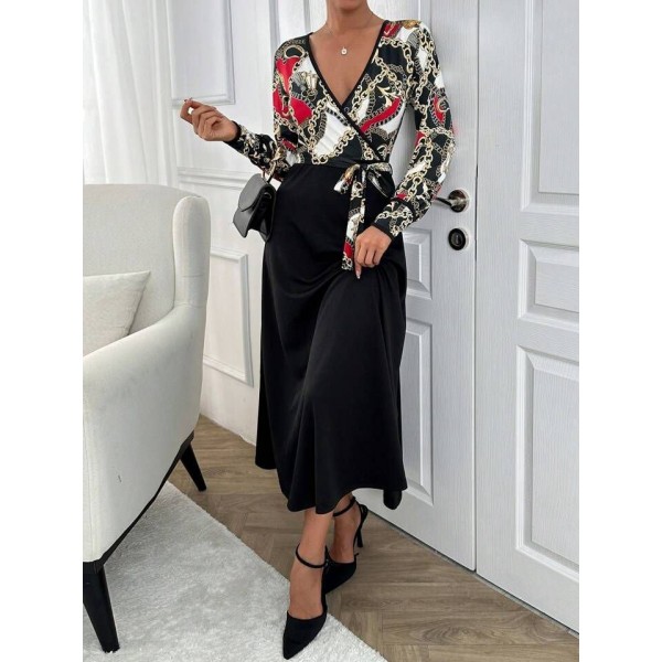 Kadın Uzun Kollu Kruvaze Yaka Dalgıç Krep Midi Boy Elbise