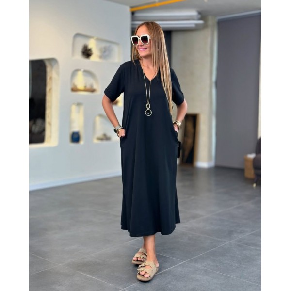 Kadın Kısa Kollu V Yakalı Cep Detaylı Uzun Viskon Iki Iplik Elbise