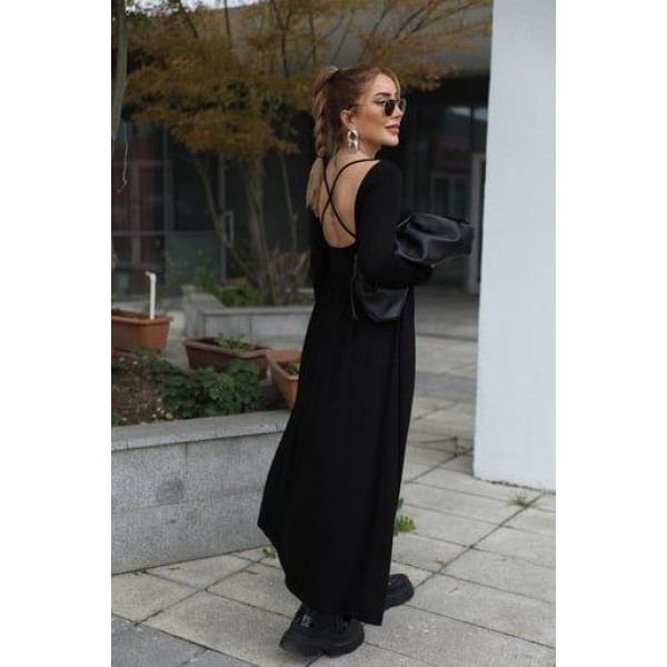 Kadın Kayık Yaka Sırt Dekoltesi Ve Yırtmaç Detay Maxi Boy Elbise