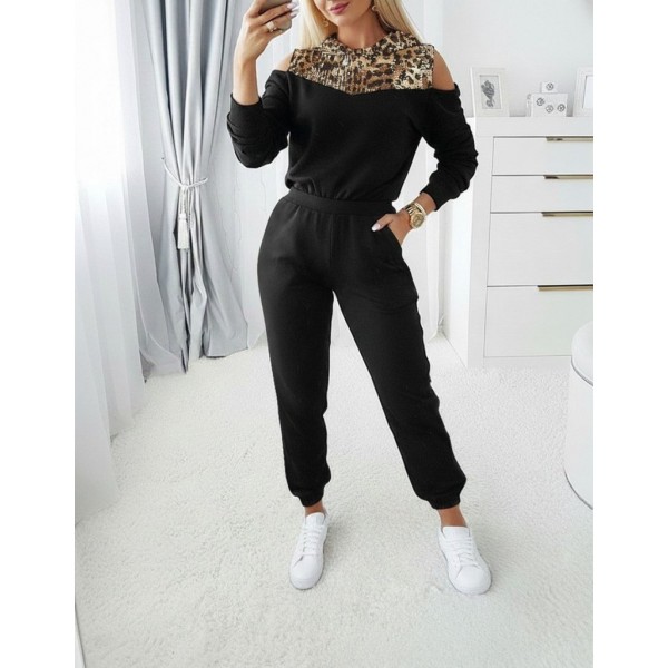Kadın Uzun Kollu Omuzlardan Açık Leopar Desenli Kapşonlu Viskon Iki Iplik Bluz Ve Pantolon Ikili Takım