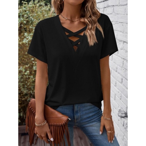 Kadın Kısa Kollu önden çapraz Detay V Yakalı Viskon Bluz