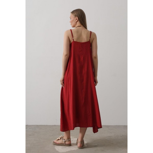 Askılı Uzun Çan Elbise - Bordo