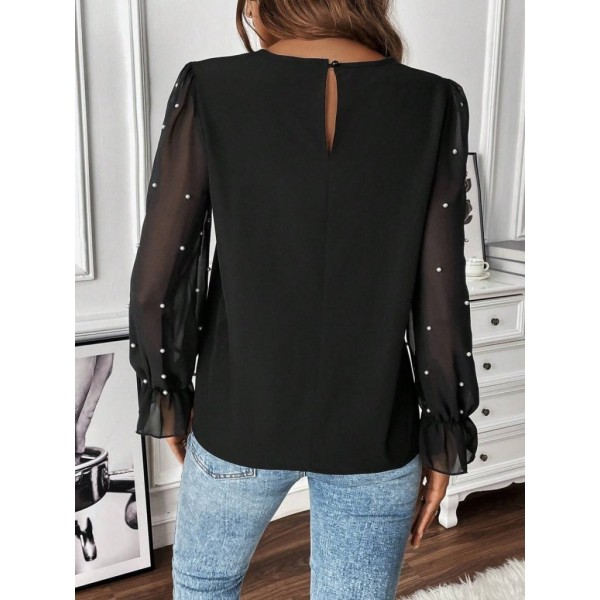 Kadın Uzun Kollu Bisiklet Yaka Tül Detaylı Incili Ithal Krep Bluz