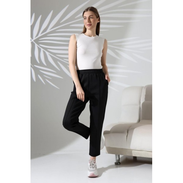 Kadın Uzun Kollu Dalıç Kumaş Cep Detay Beli Lastikli ütüsüz Pantolon