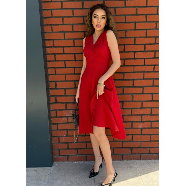 Kadın Ithal Krep Kumaş Kruvaze Yaka Eteği Kloş Kolsuz Mini Elbise