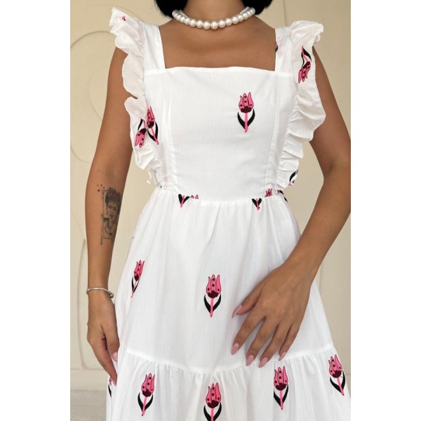 Fuşya Sıfır Kol Fırfırlı Elbise