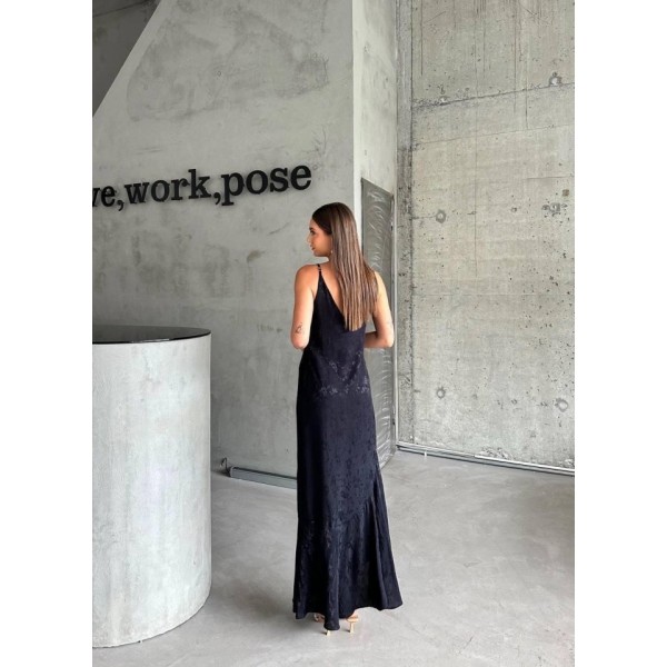 JAKARLI ASKILI SATEN ELBİSE ASİMETRİK - Siyah