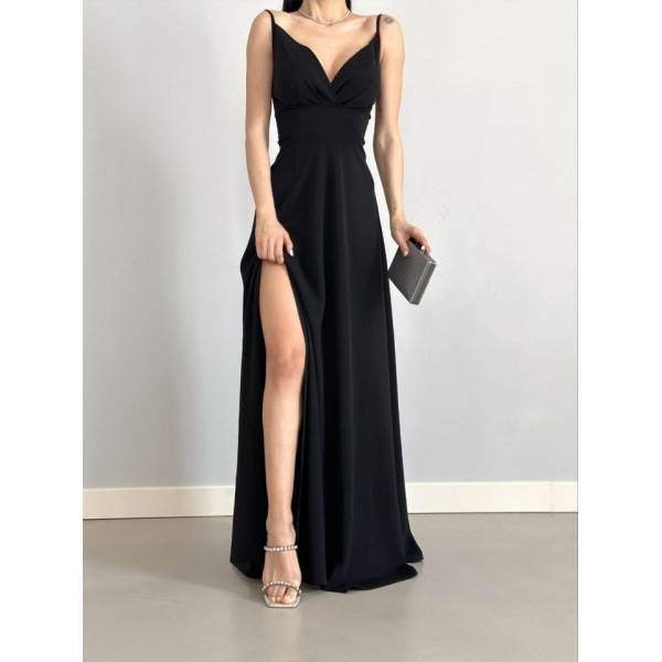 Kadın Ip Askılı Kruvaze Yaka Maxi Boy Abiye Elbise