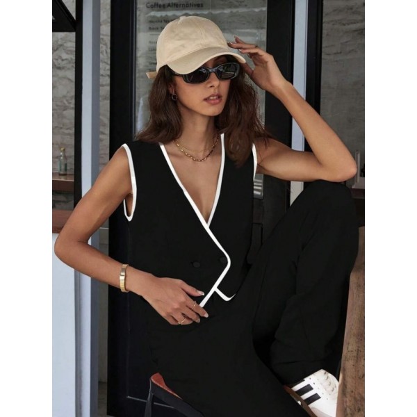 Kadın Kolsuz V Yakalı Düğmeli Ithal Krep Yelek Ve Pantolon Ikili Takım