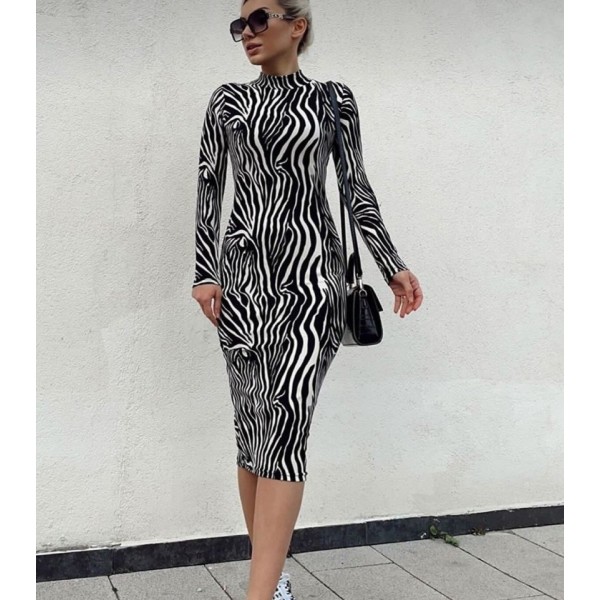 Kadın Zebra Desen Süet Kumaş Fırsat ürün Midi Boy Elbise