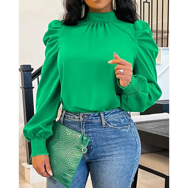 Kadın Uzun Kollu Balıkçı Yaka Arkadan Bağlamalı Omuzlardan Balon Ithal Krep Bluz