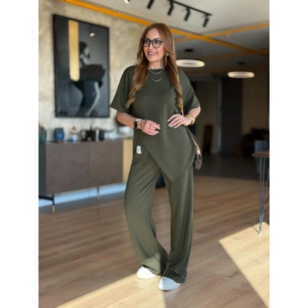 Kadın Kısa Kollu Bisiklet Yaka Asimetrik Viskon Iki Iplik Bluz Ve Pantolon Ikili Takım