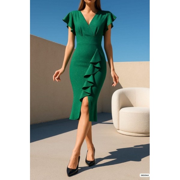 Kadın Simli Elbise Kol Pileli Yırtmaç Detaylı Elbise