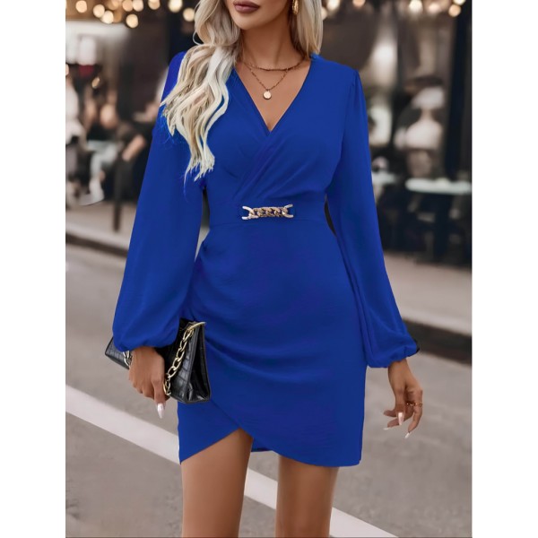 Kadın Uzun Kollu Kruvaze Yaka Yandan Büzgülü Asimetrik Detaylı Ithal Krep Mini Elbise