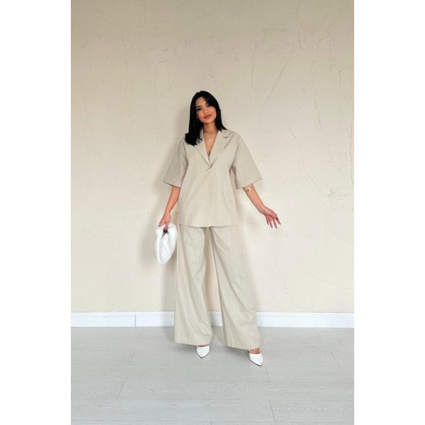 Bej Önü Tek Düğmeli Ceket Pantolon Takım