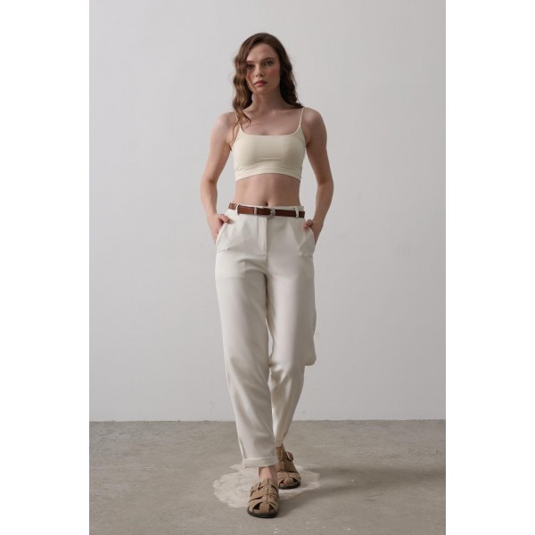 Kemerli Havuç Pantolon - Ekru