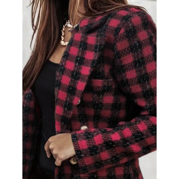 Kadın Uzun Kollu Yakalı Kare Desenli Ekoseli Düğmeli Ceket