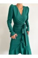 Kadın Yeşil Krep Kumaş Midi Boy Kuşaklı Uzunkol Elbise