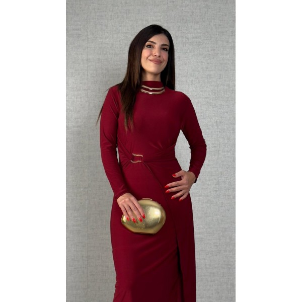 Kadın Balıkçı Yaka Toka Detay Sandy Kumaş Midi Boy Elbise